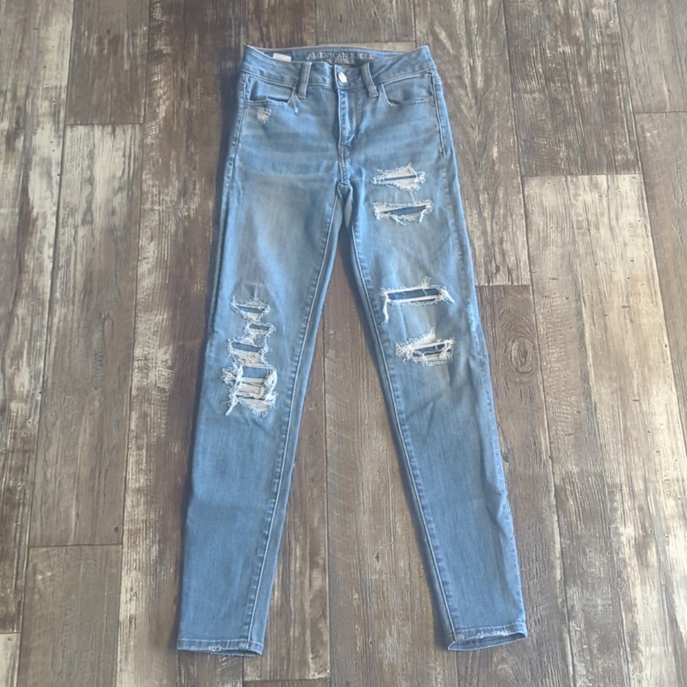 AE American Eagle "Hi-Rise Jegging" destroyed skinny Stretch Denim Jeans sz 00R
